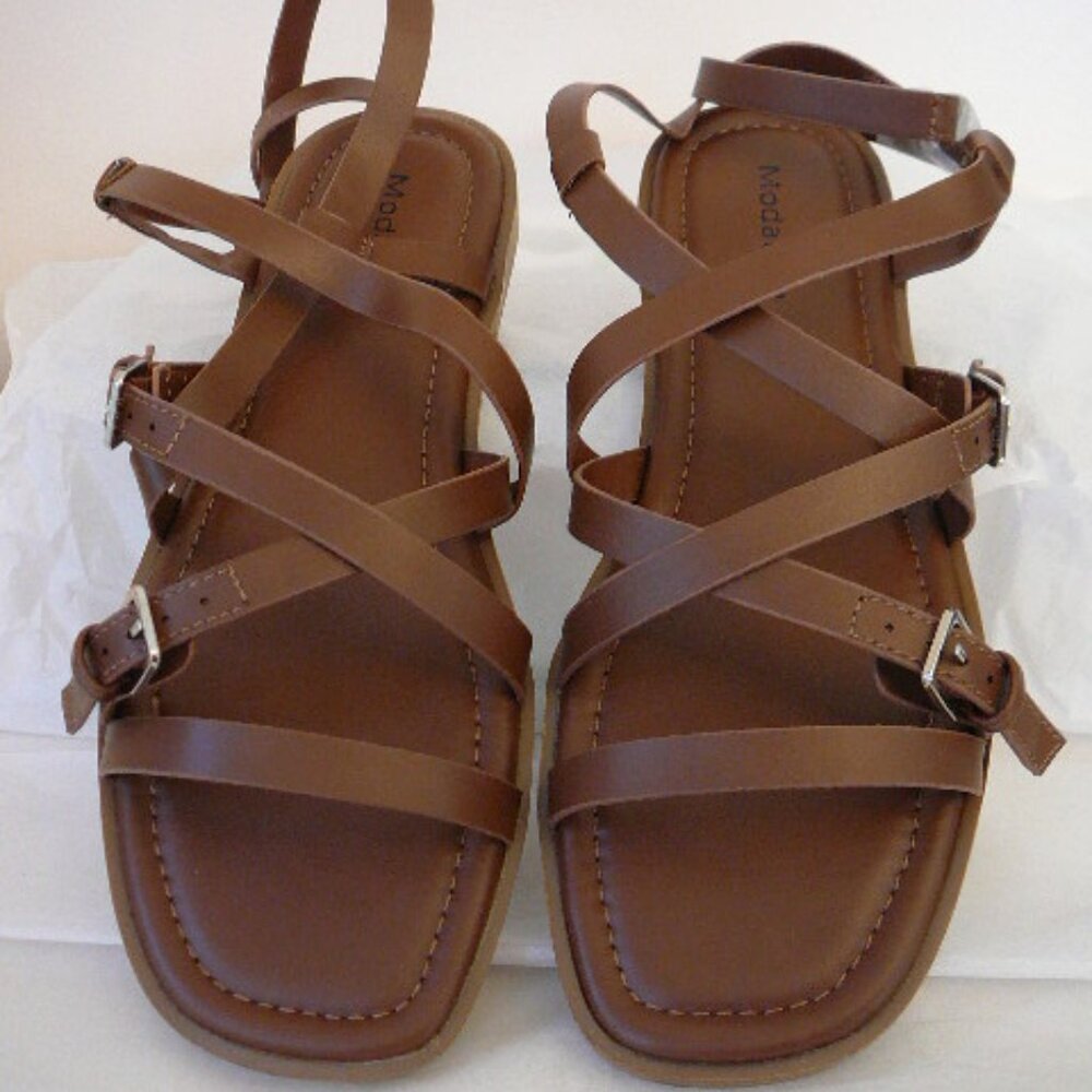 Modatope Women's Brown Flat Strappy Fashion Comfortable Sandals-Size 8-NIB